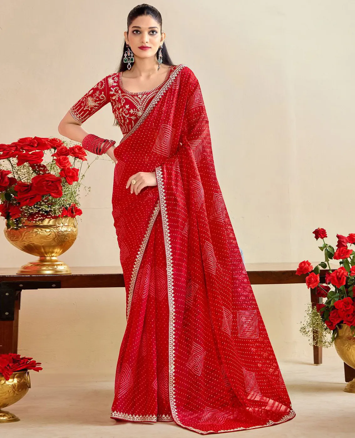 Red Chiffon Bandhani Printed Party Wear Saree