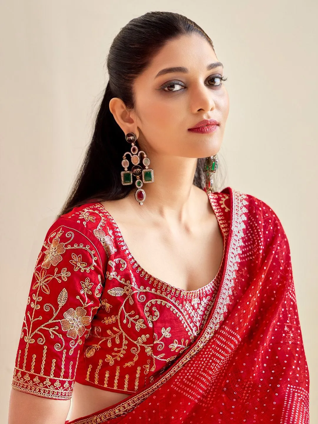 Red Chiffon Bandhani Printed Party Wear Saree - Image 2