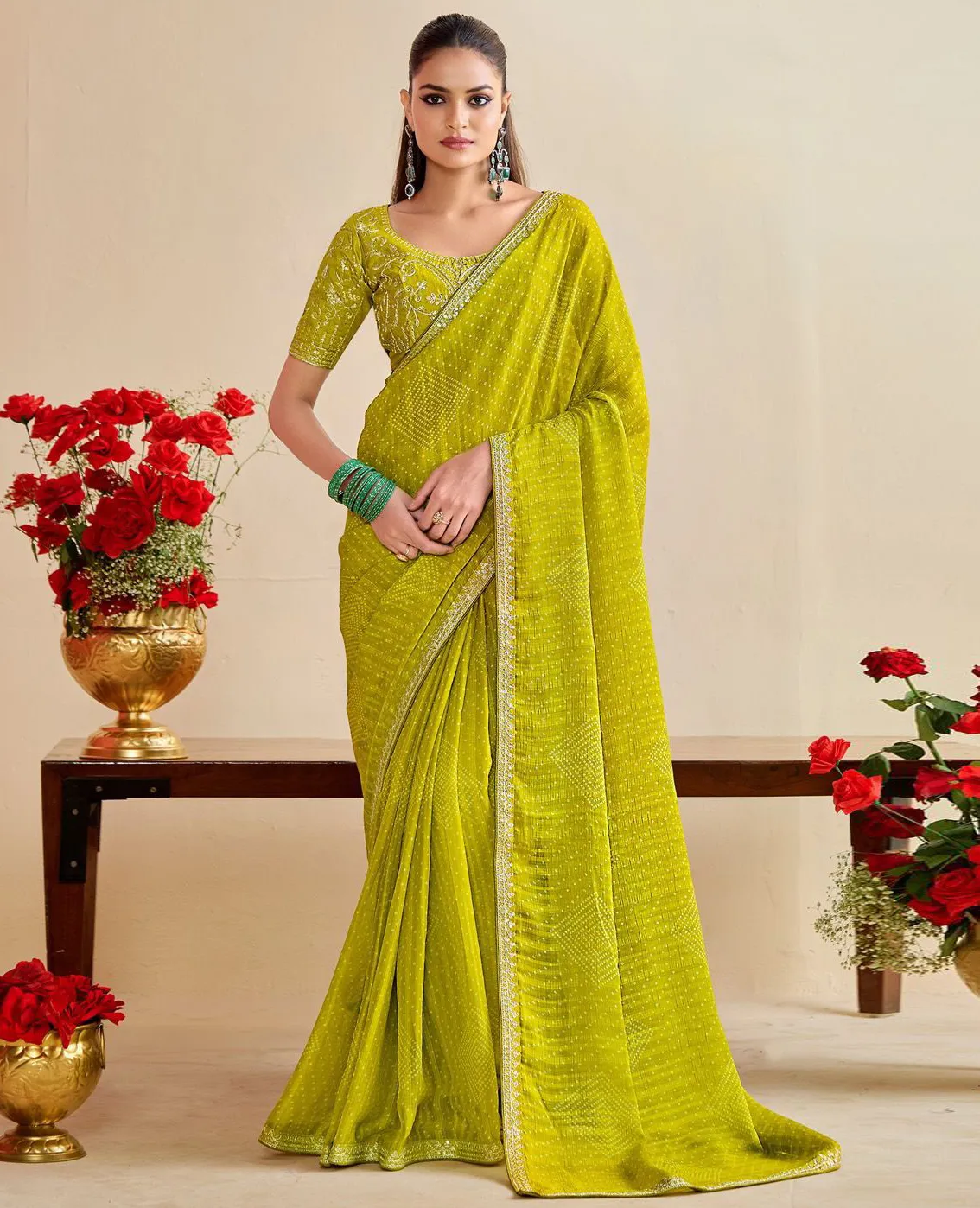 Lime Green Chiffon Bandhani Printed Party Wear Saree
