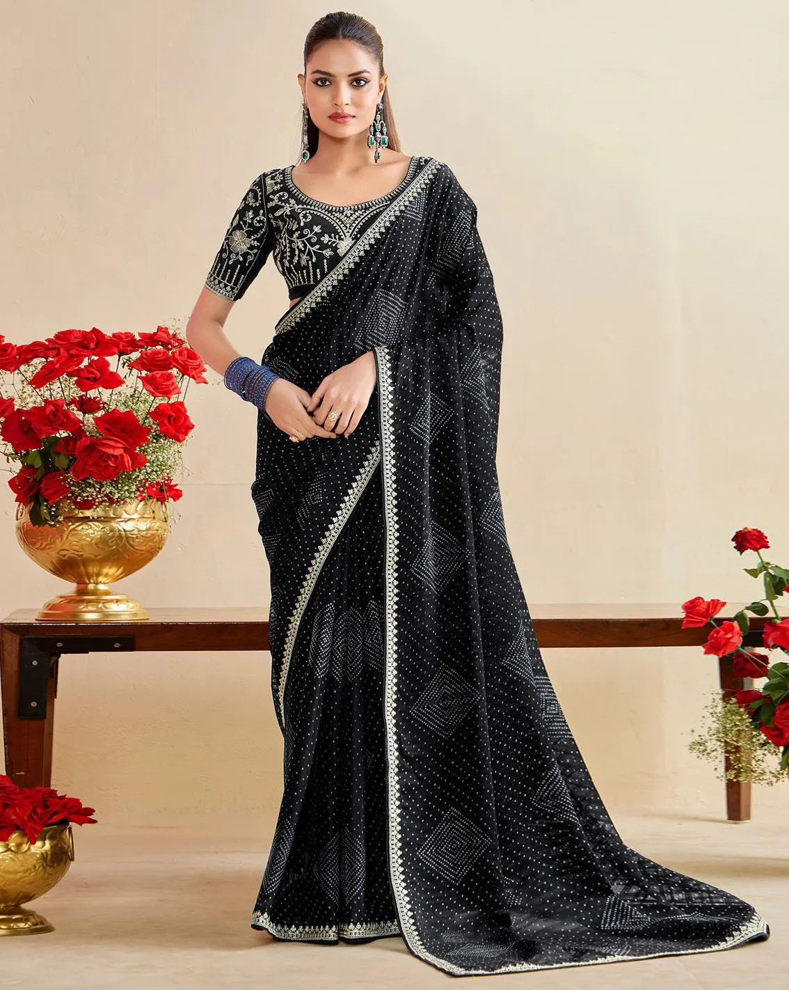 Black Chiffon Bandhani Printed Party Wear Saree