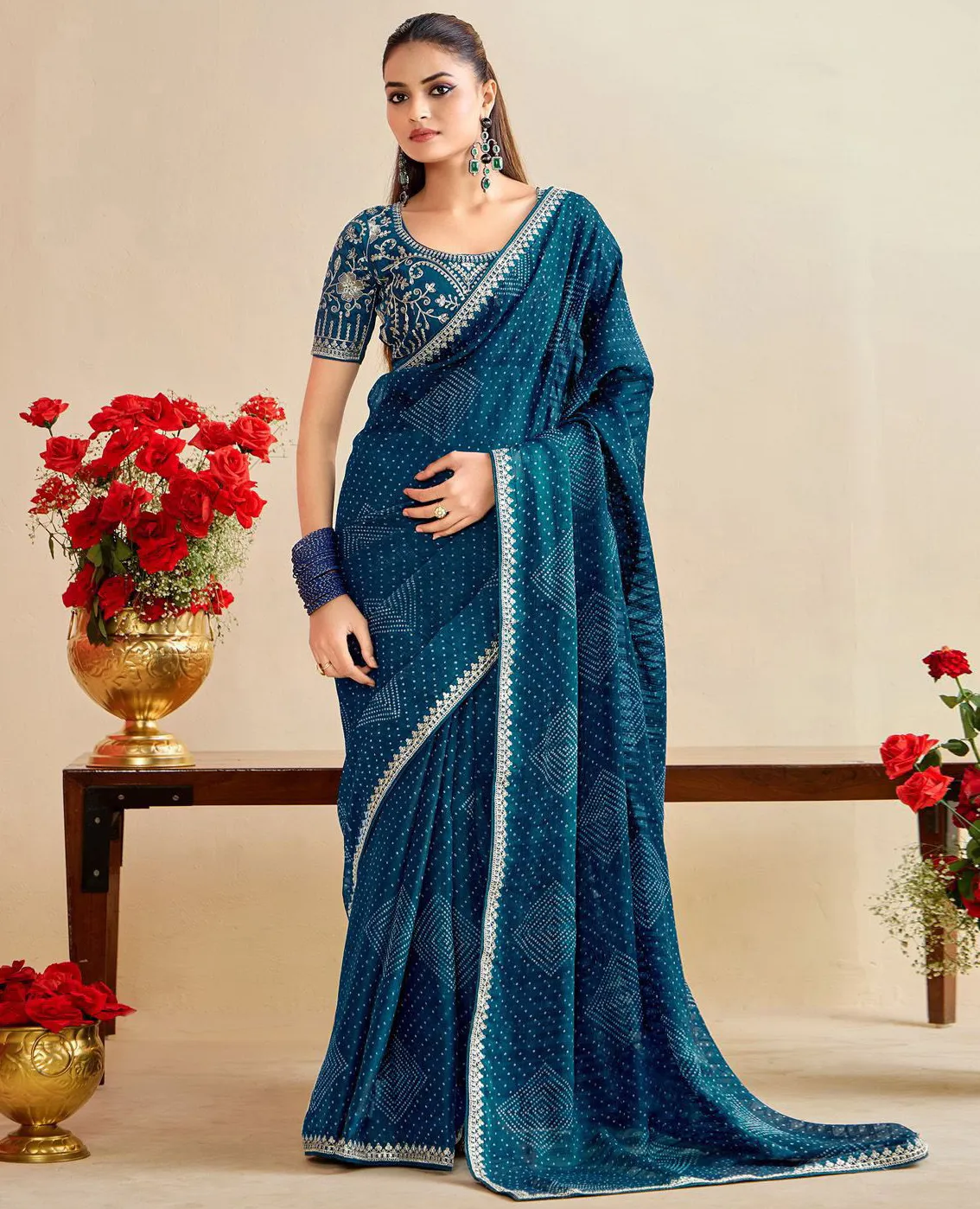 Teal Blue Chiffon Bandhani Printed Party Wear Saree
