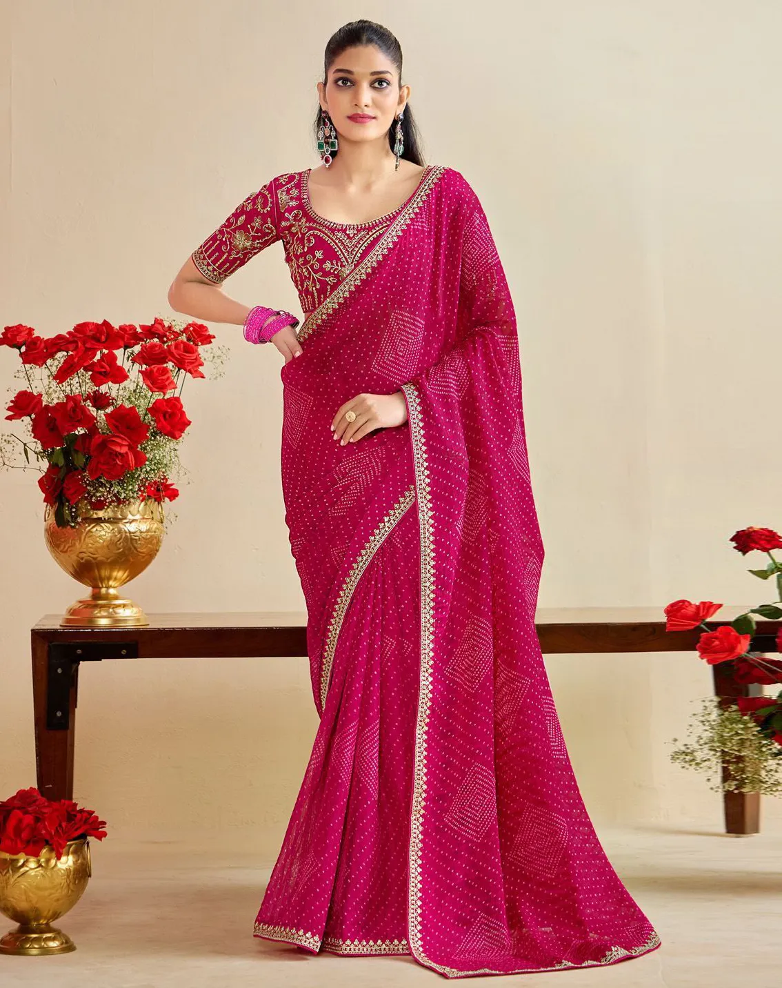 Magenta Pink Chiffon Bandhani Printed Party Wear Saree