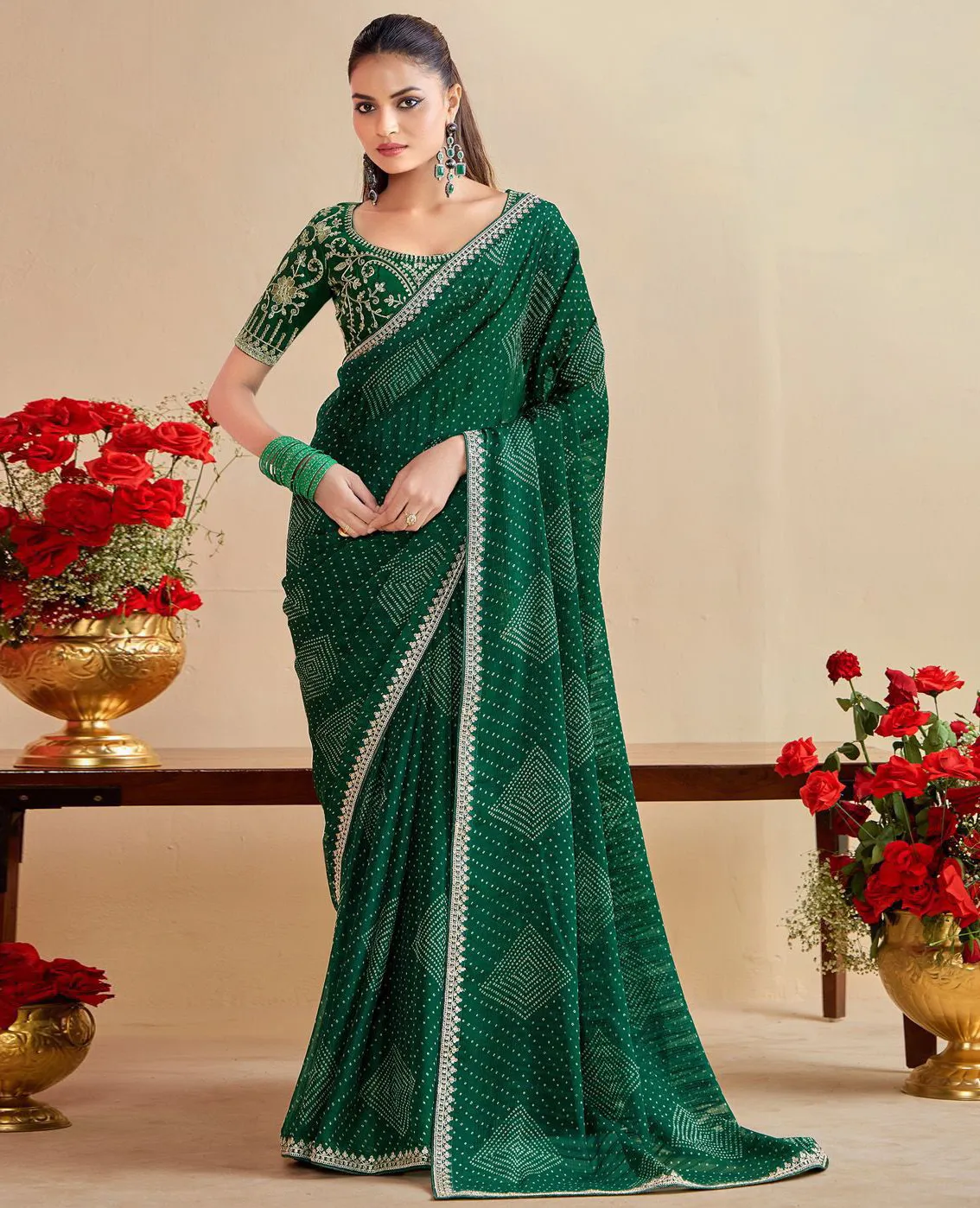 Green Chiffon Bandhani Printed Party Wear Saree