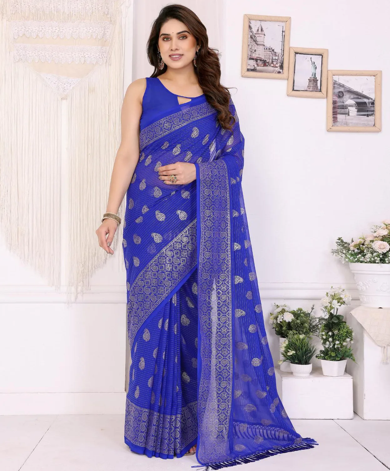 Royal Blue Georgette Foil Work Casual Saree With Tassels