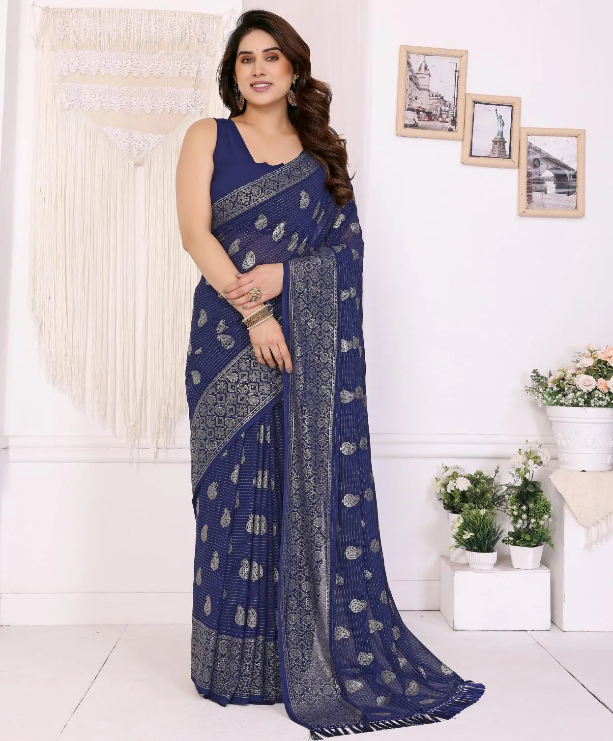 Navy Blue Georgette Foil Work Casual Saree With Tassels
