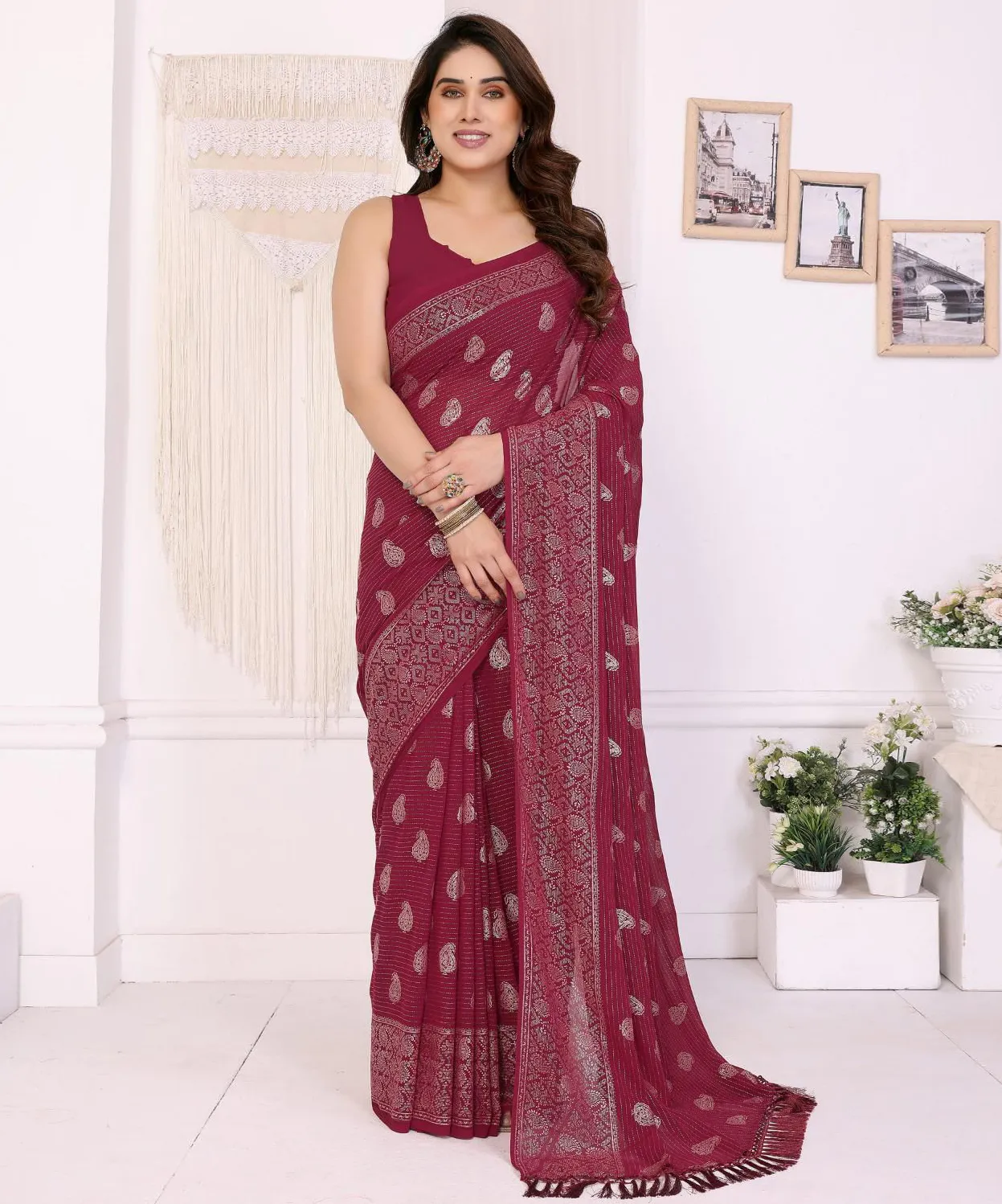 Maroon Georgette Foil Work Casual Saree With Tassels