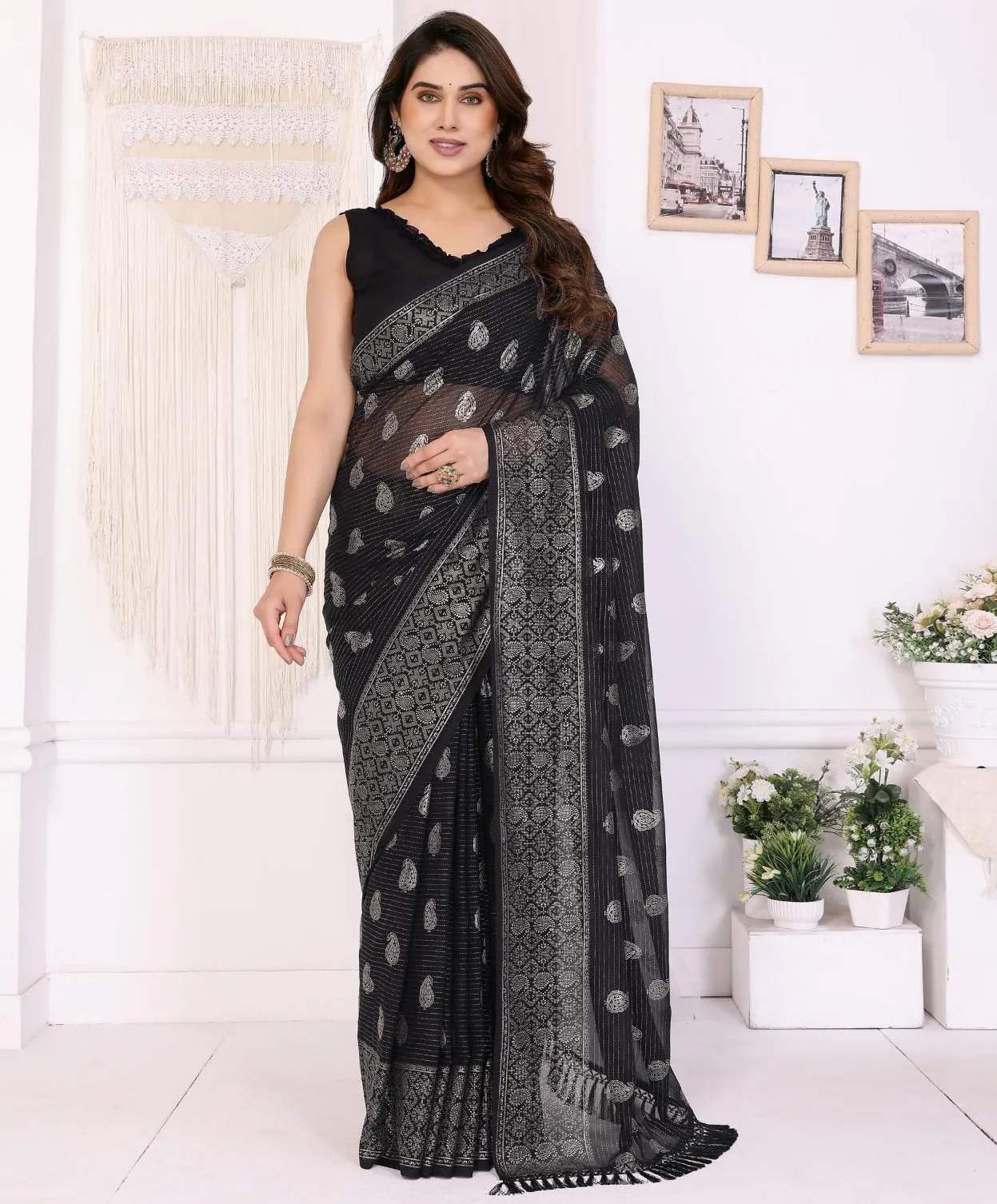 Black Georgette Foil Work Casual Saree With Tassels
