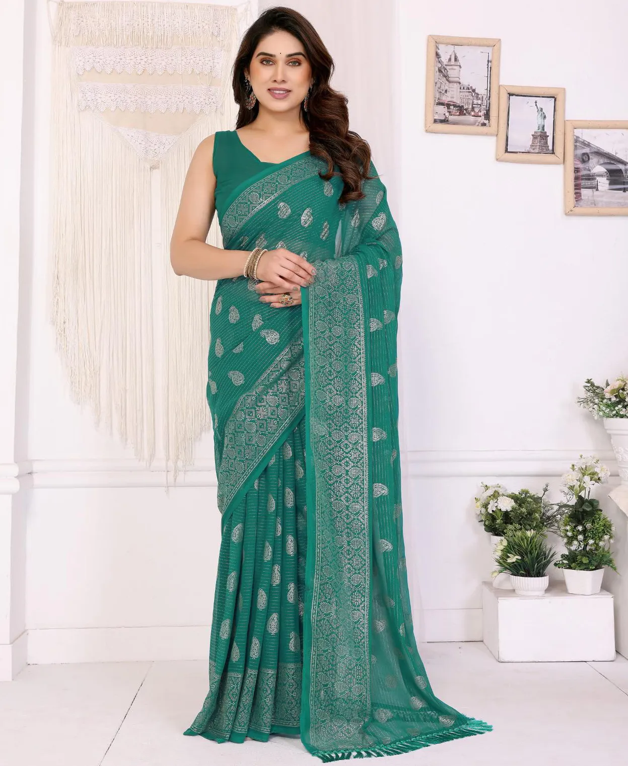 Green Georgette Foil Work Casual Saree With Tassels