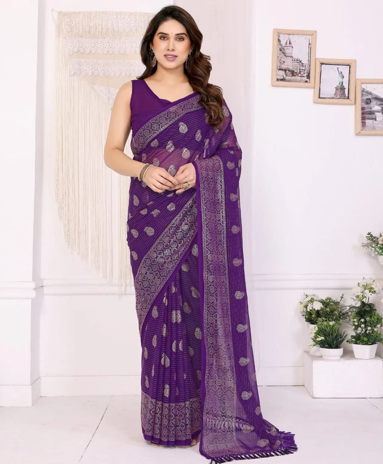Purple Georgette Foil Work Casual Saree With Tassels