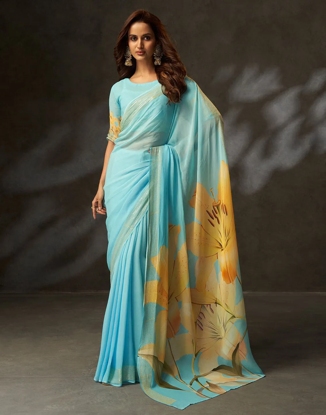 Sky Blue Georgette Silk Digital Printed Party Wear Saree