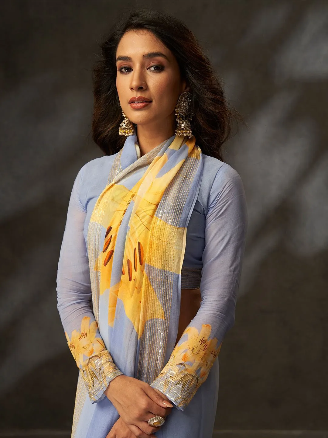 Light Purple Georgette Silk Digital Printed Party Wear Saree - Image 2