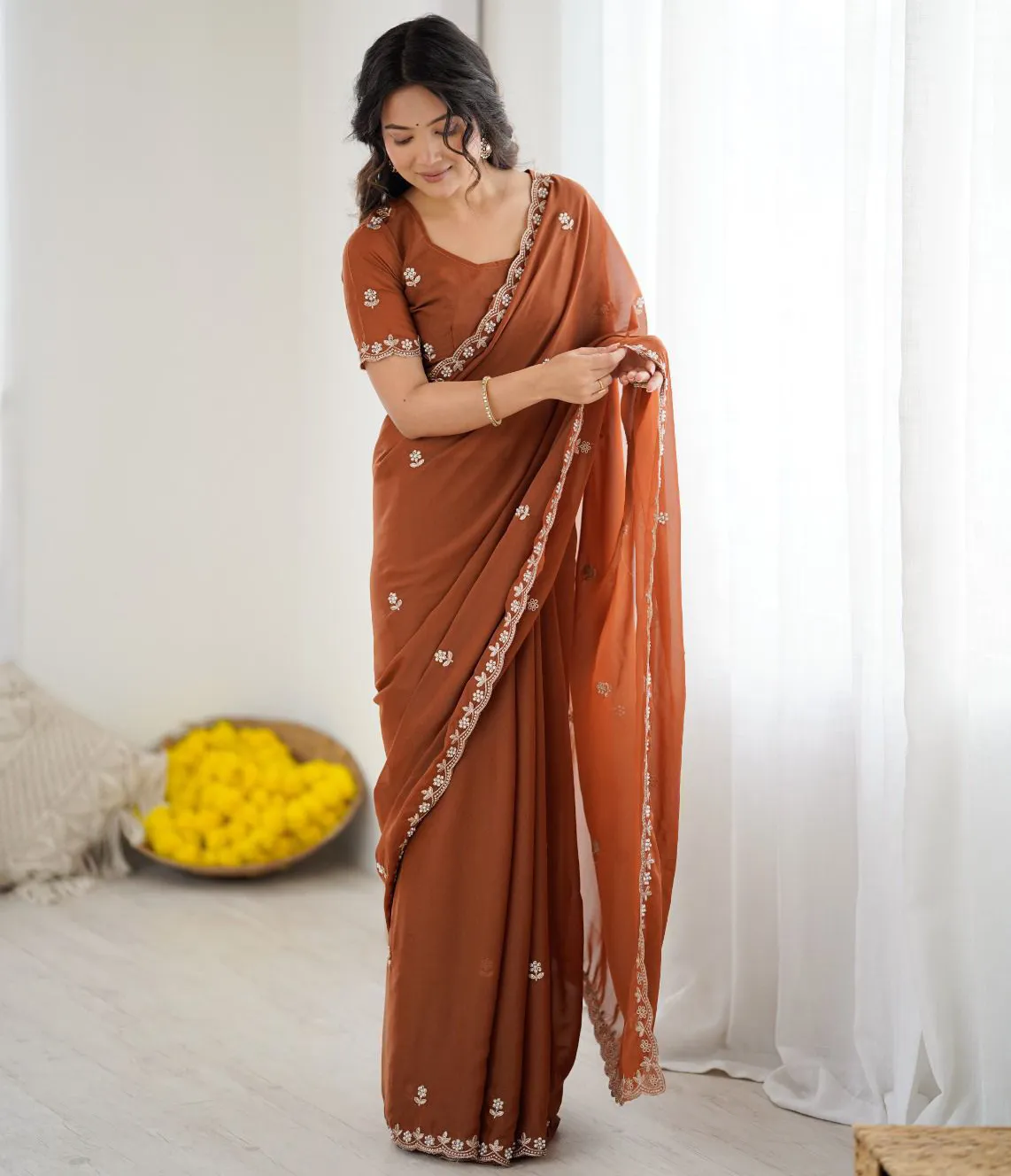 Brown Georgette Silk Embroidery Moti Work Fancy Saree