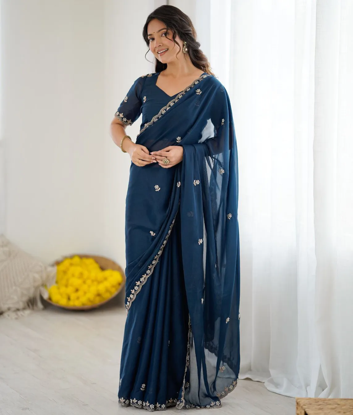 Teal Blue Georgette Silk Embroidery Moti Work Fancy Saree
