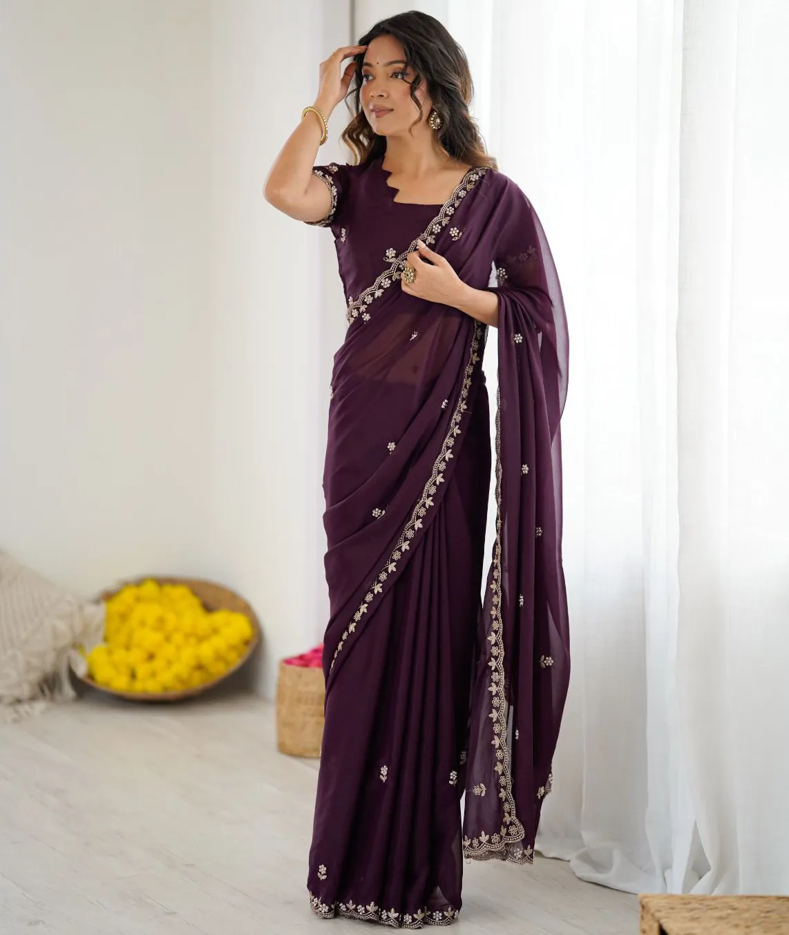 Violet Georgette Silk Embroidery Moti Work Fancy Saree
