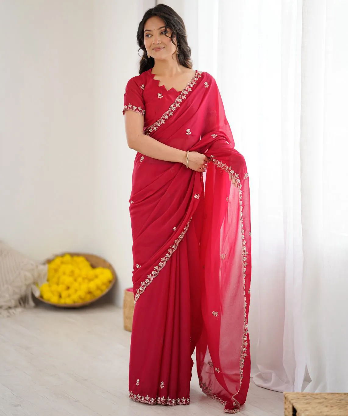 Red Georgette Silk Embroidery Moti Work Fancy Saree
