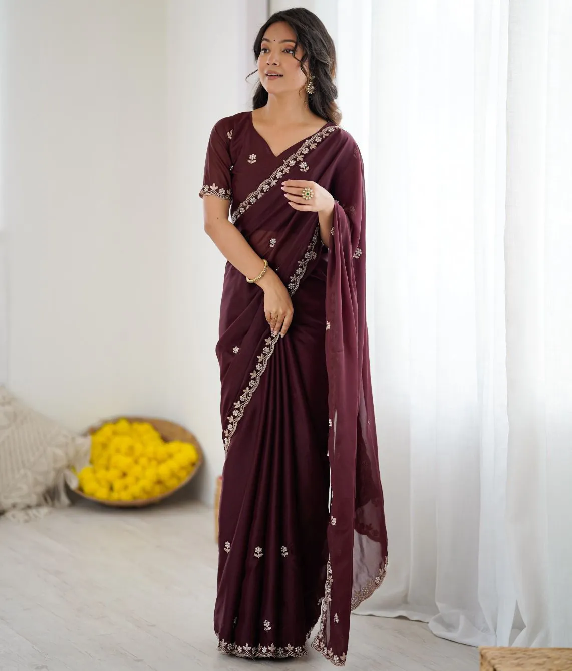 Wine Georgette Silk Embroidery Moti Work Fancy Saree