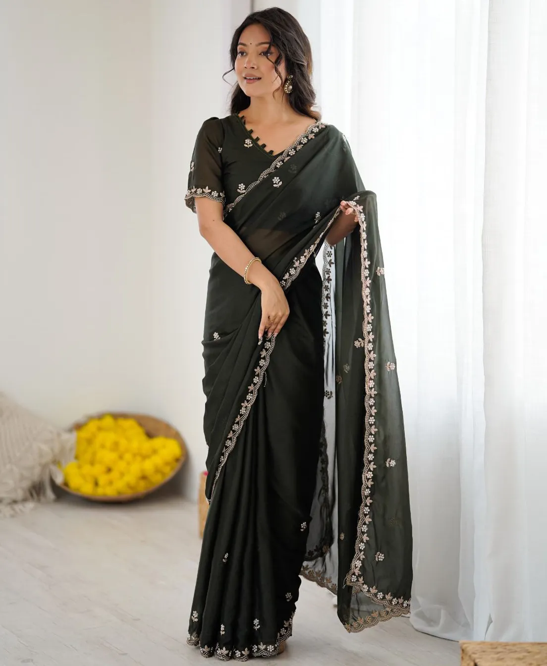 Black Georgette Silk Embroidery Moti Work Fancy Saree