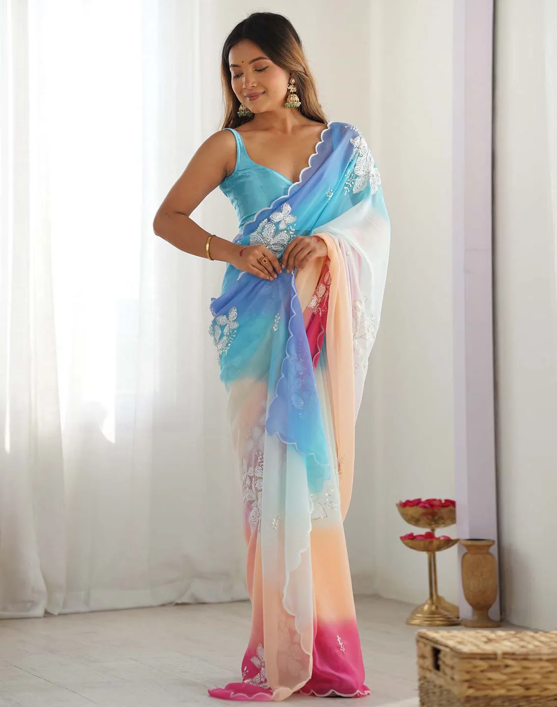 Multicolor Georgette Embroidered Party Wear Saree