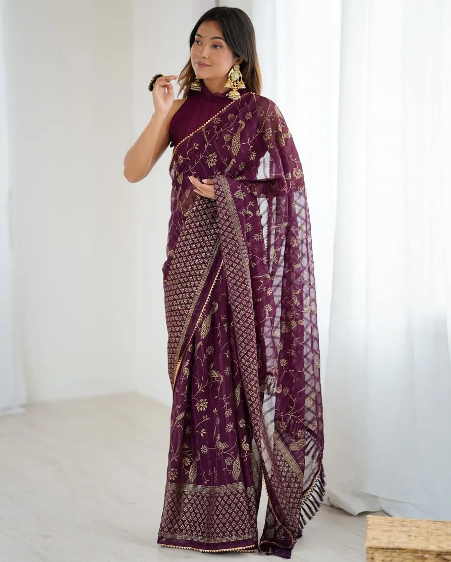 Wine Georgette Foil Work Casual Daily Wear Saree