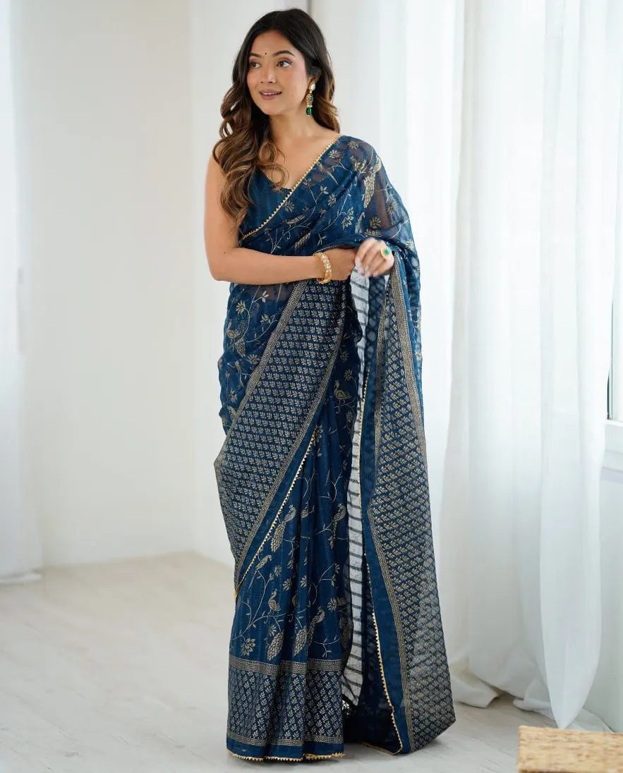 Blue Georgette Foil Work Casual Daily Wear Saree