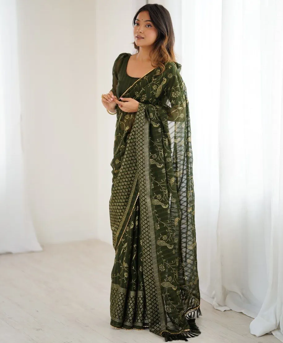 Green Georgette Foil Work Casual Daily Wear Saree