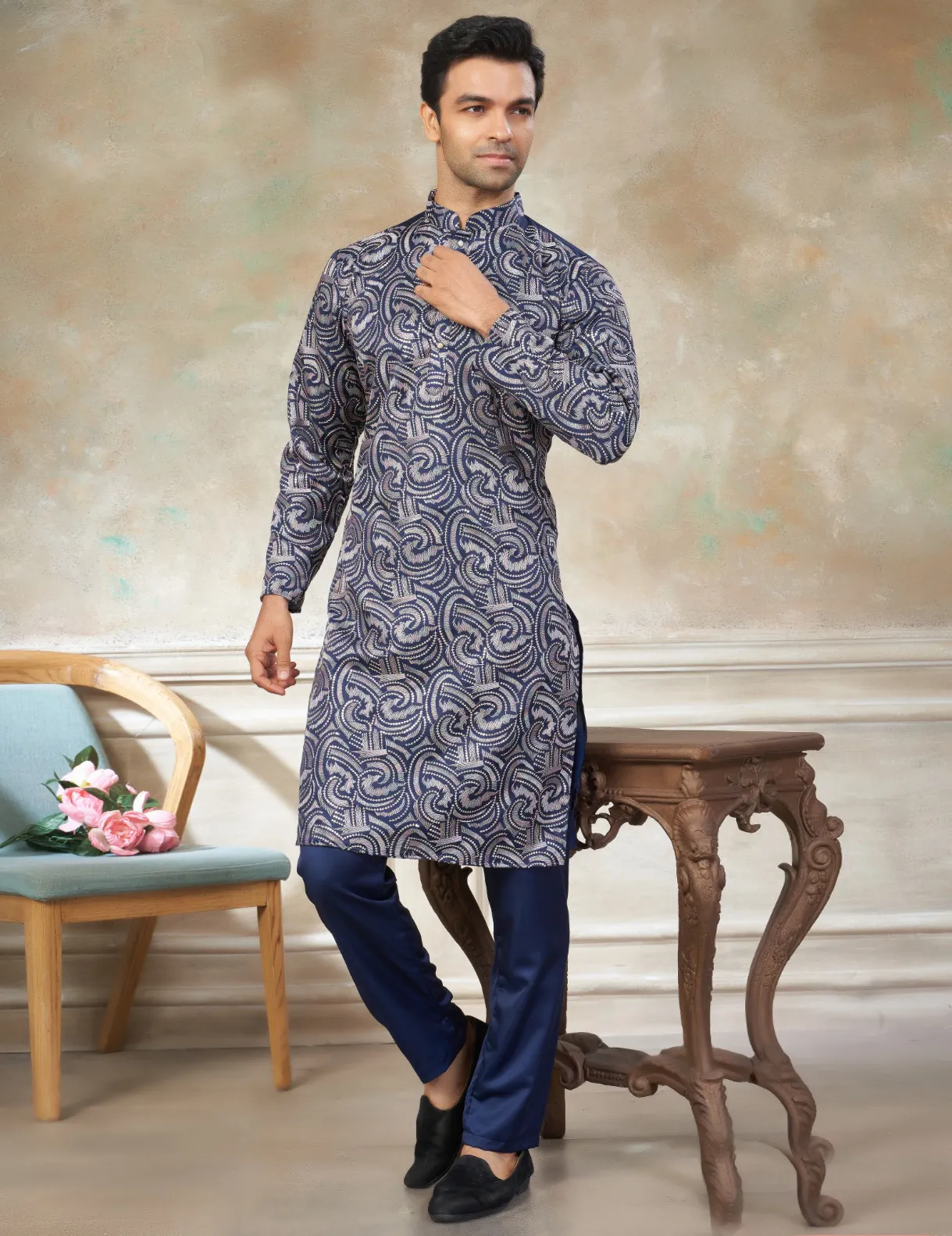 Navy Blue Pure Silk Sequins Embroidered Men's Kurta Pajama