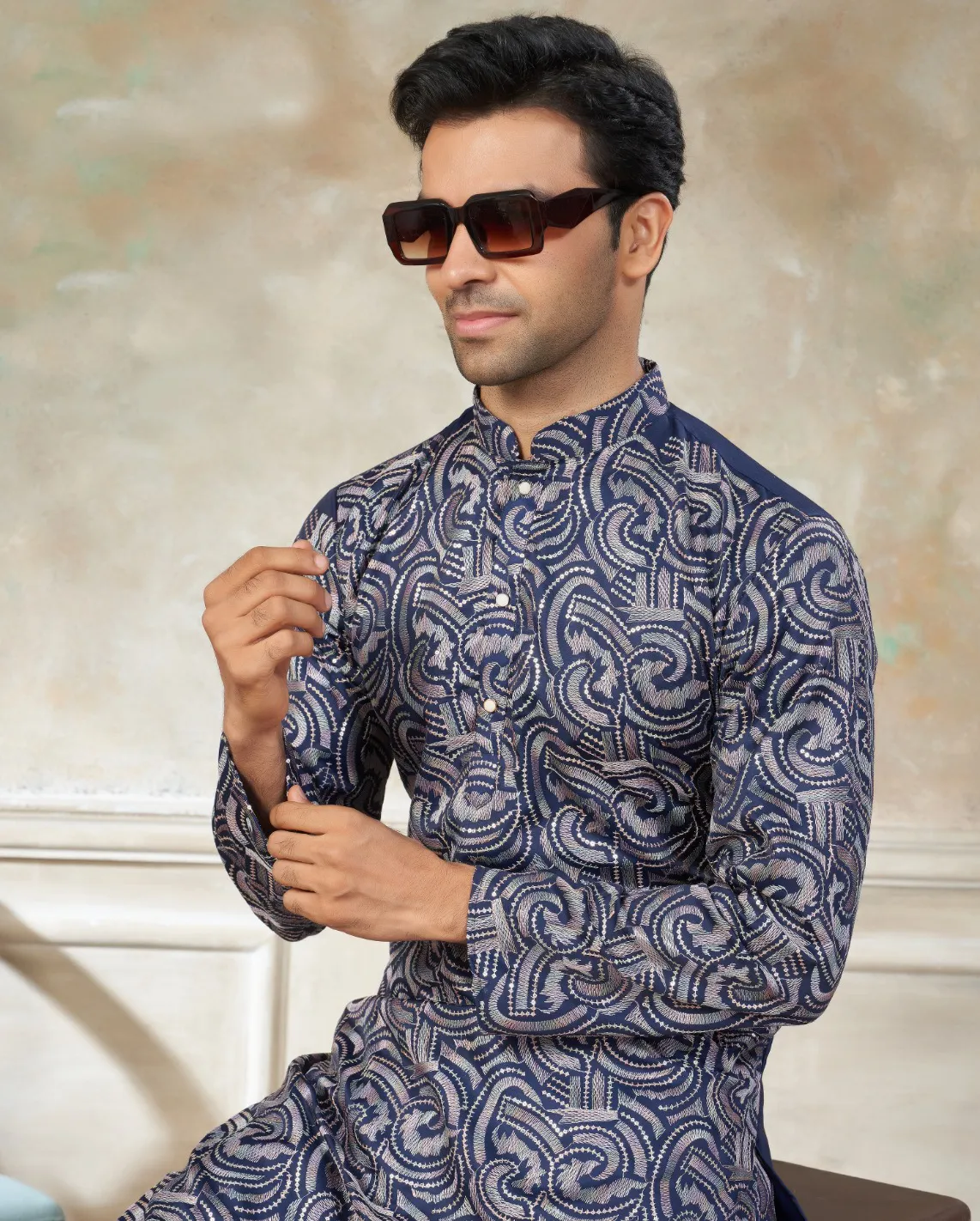 Navy Blue Pure Silk Sequins Embroidered Men's Kurta Pajama - Image 2