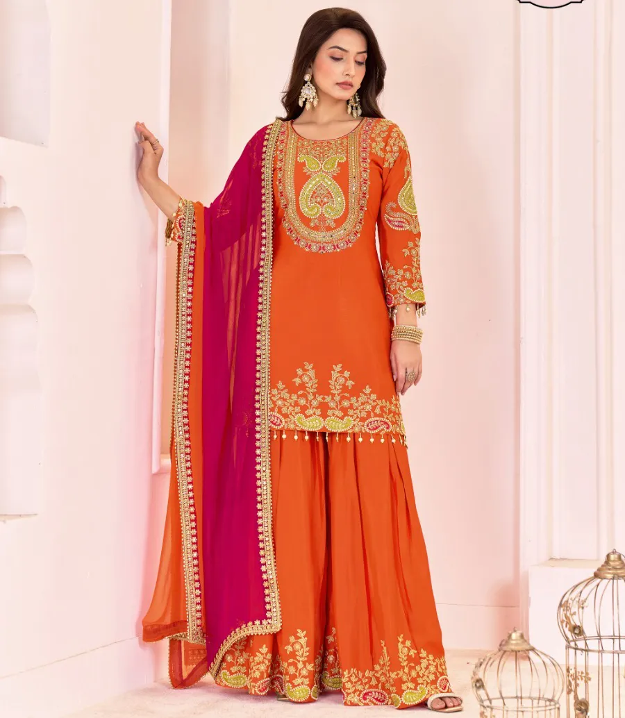 Orange Premium Chinon Embroidered Traditional Sharara Suit