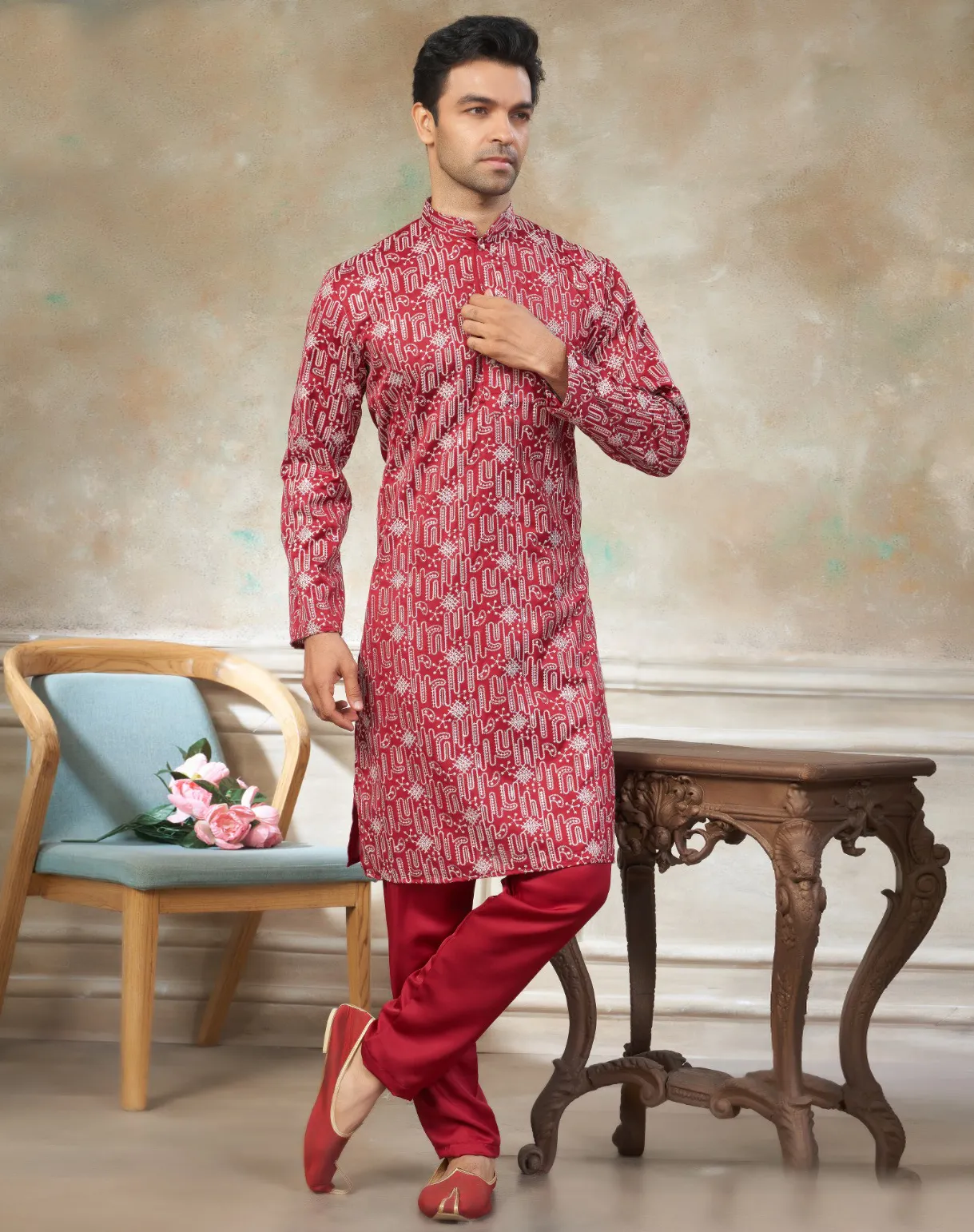 Red Pure Silk Sequins Embroidered Men's Kurta Pajama