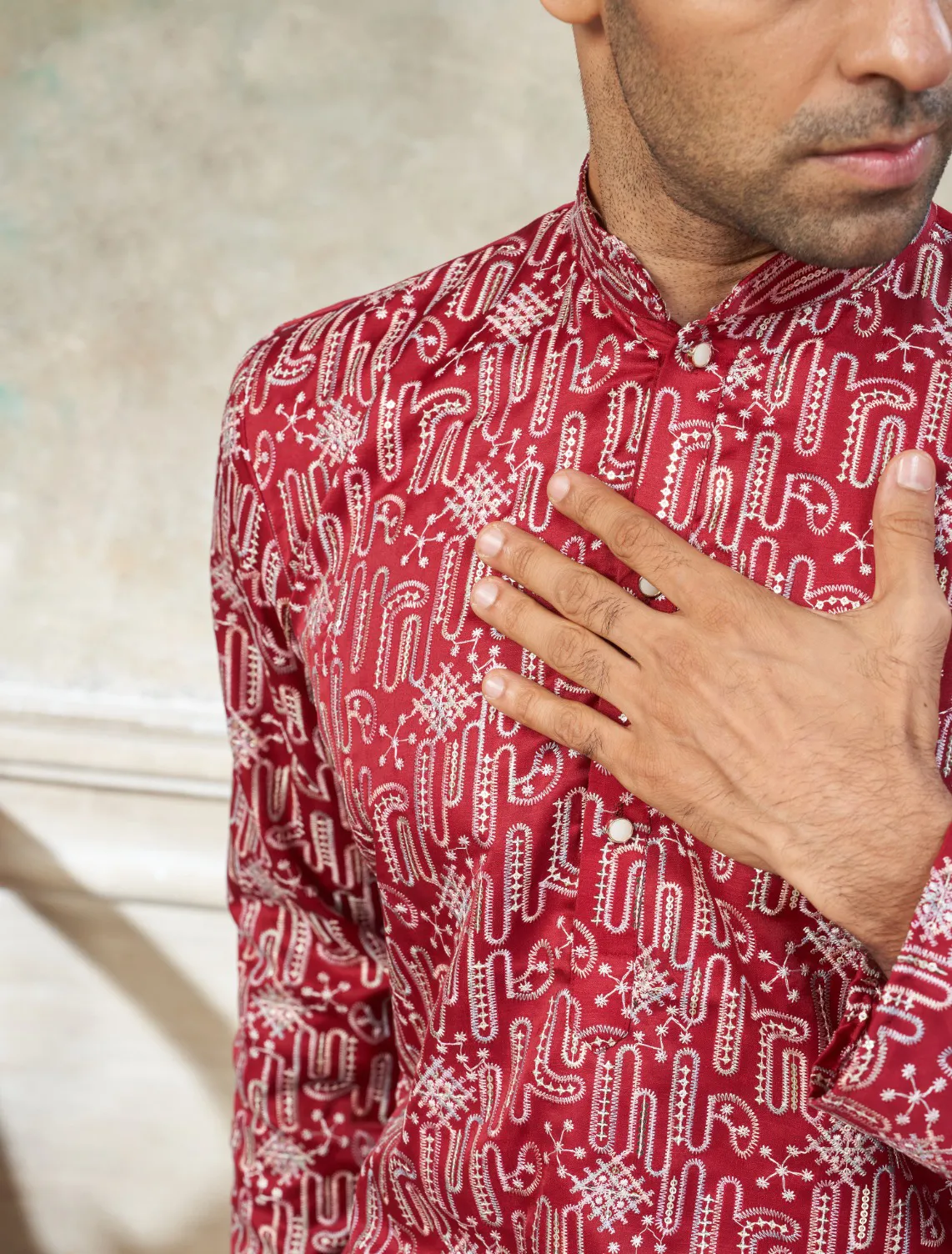 Red Pure Silk Sequins Embroidered Men's Kurta Pajama - Image 2