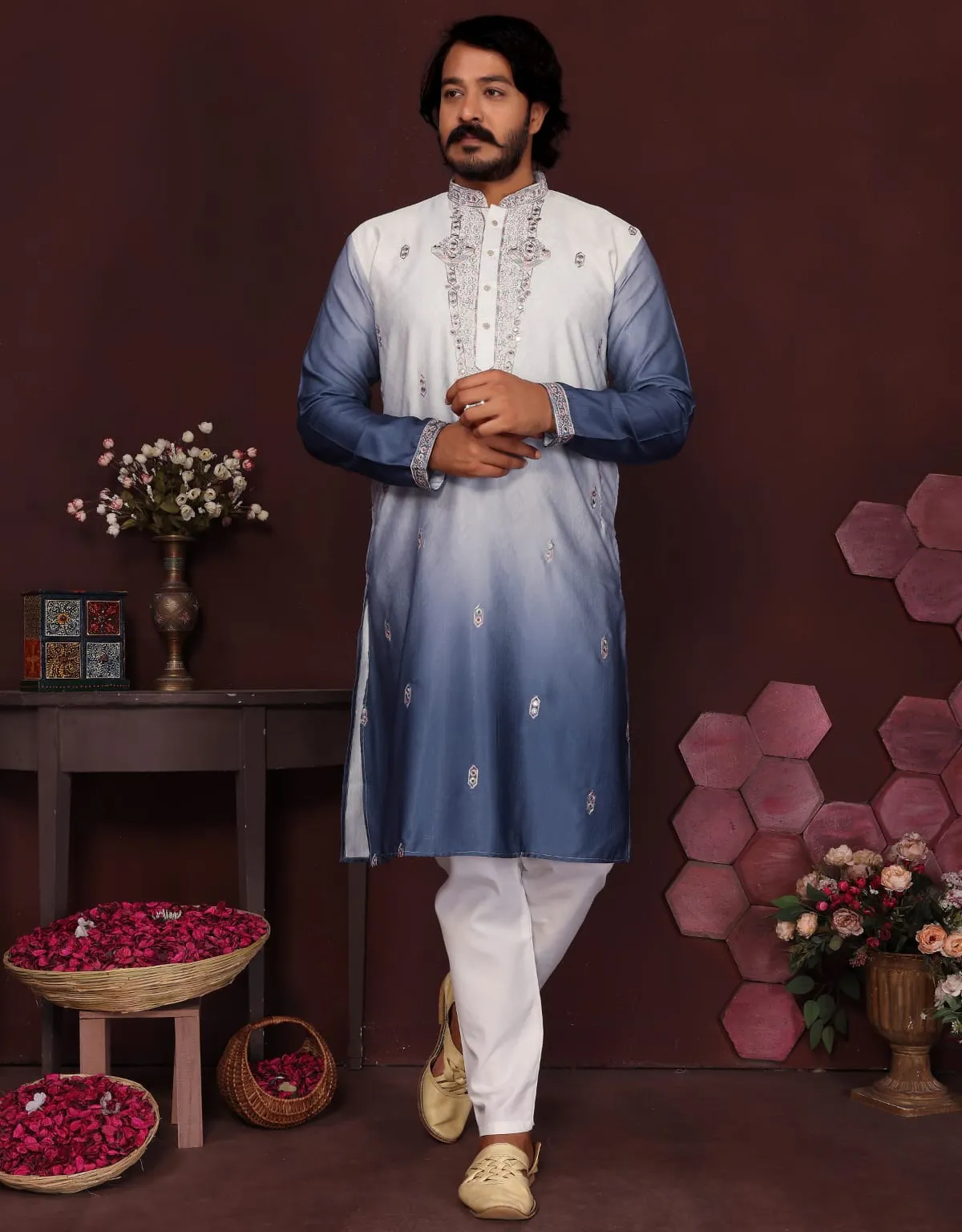 Navy Blue Premium Cotton Silk Embroidered Men's Kurta Pyjama