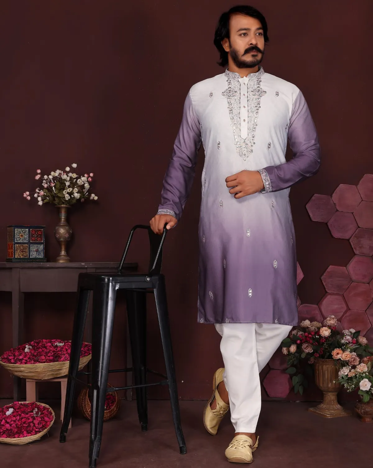 Dark Purple Premium Cotton Silk Embroidered Men's Kurta Pyjama
