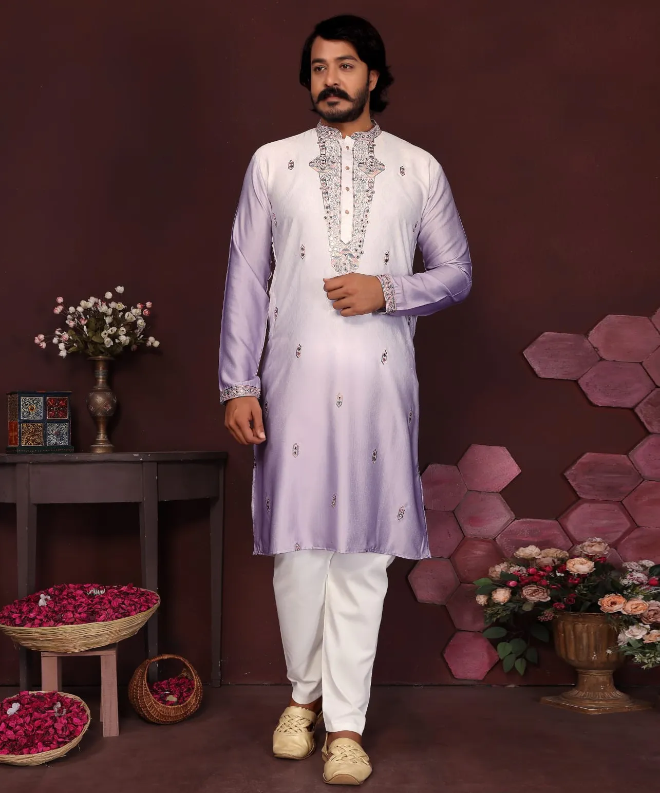 Light Purple Premium Cotton Silk Embroidered Men's Kurta Pyjama