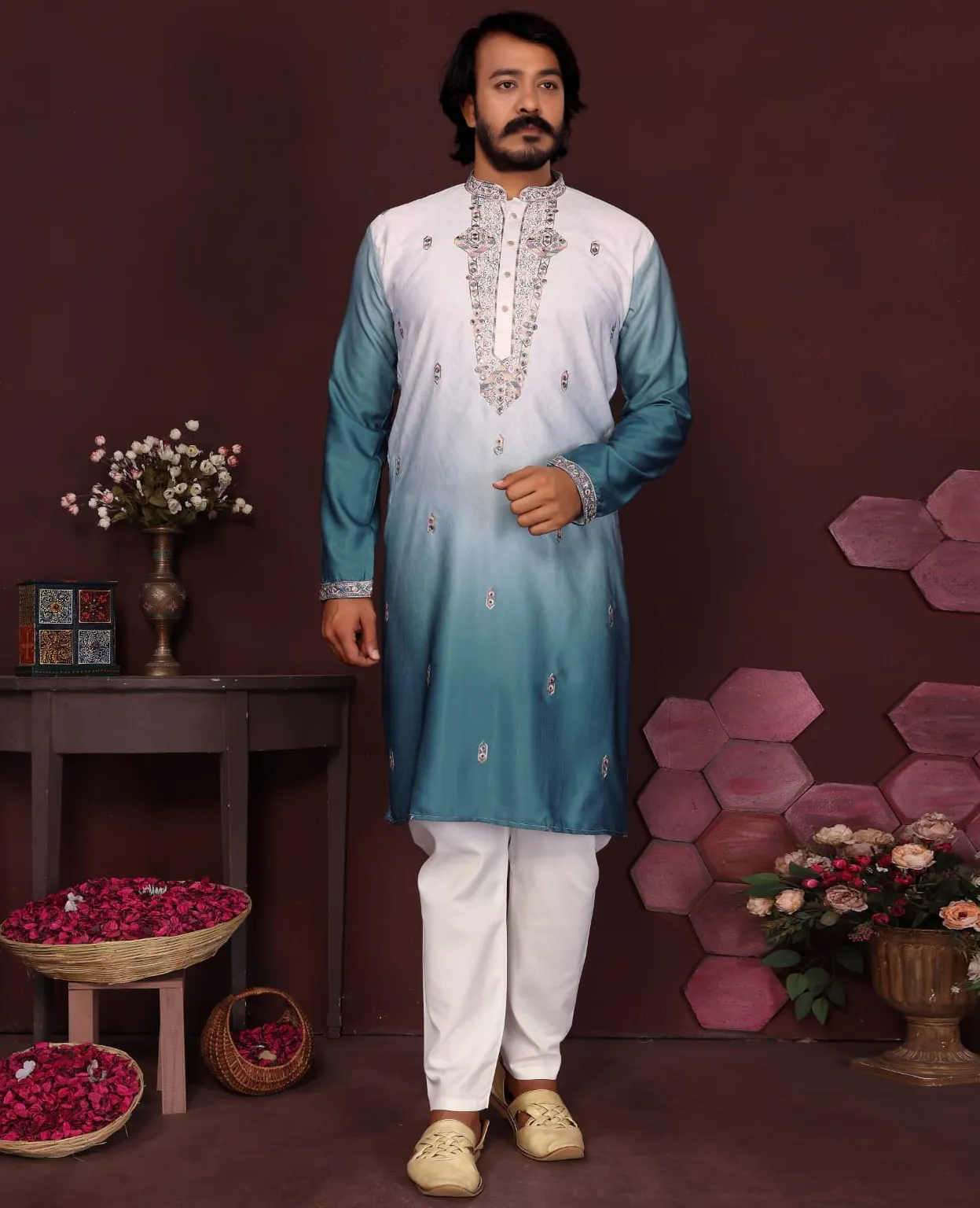 Teal Blue Premium Cotton Silk Embroidered Men's Kurta Pyjama