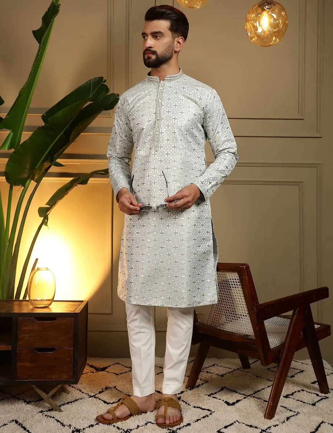 Olive Heavy Jacquard Work Wedding Wear Men's Kurta Pyjama