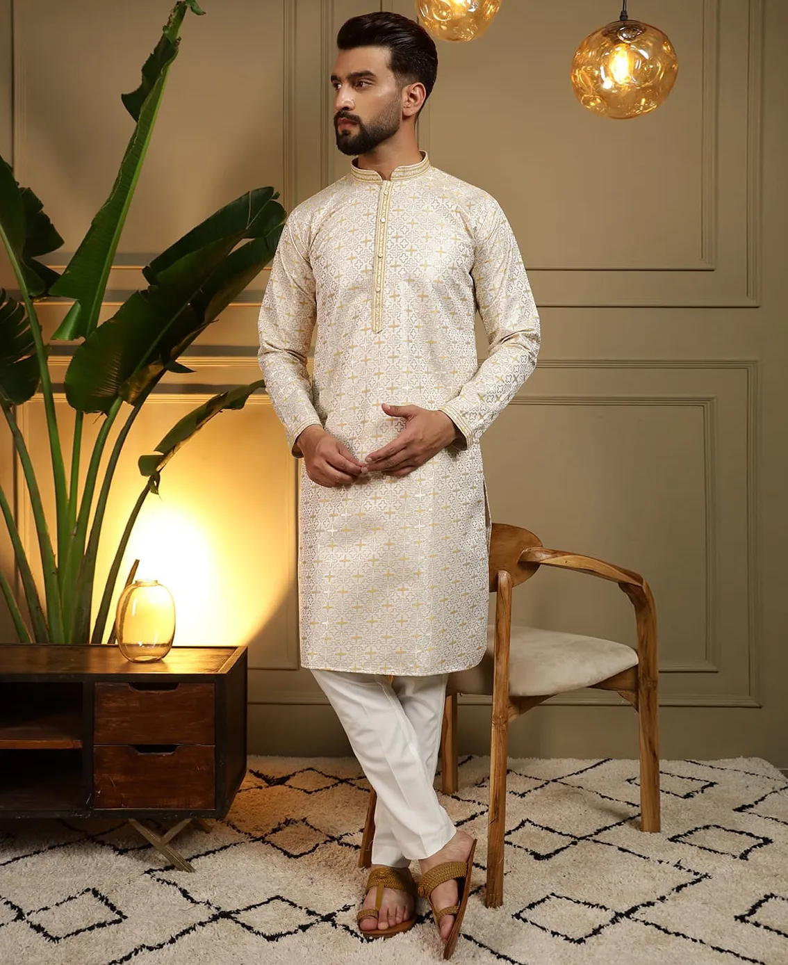 Mustard Heavy Jacquard Work Wedding Wear Men's Kurta Pyjama