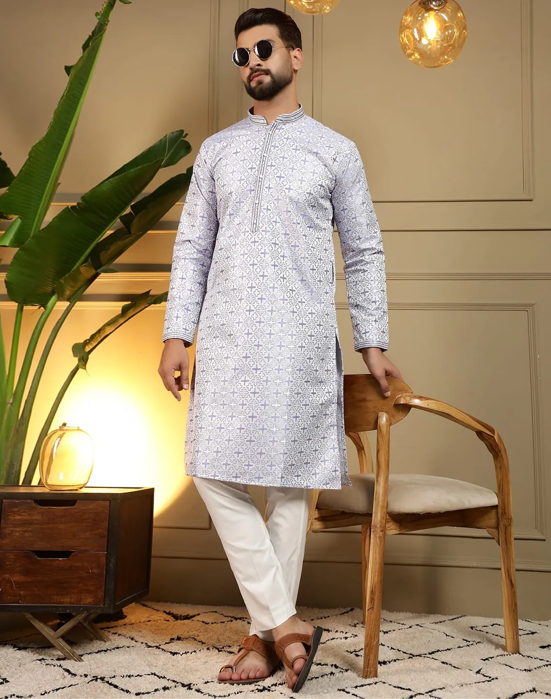 Lavender Heavy Jacquard Work Wedding Wear Men's Kurta Pyjama