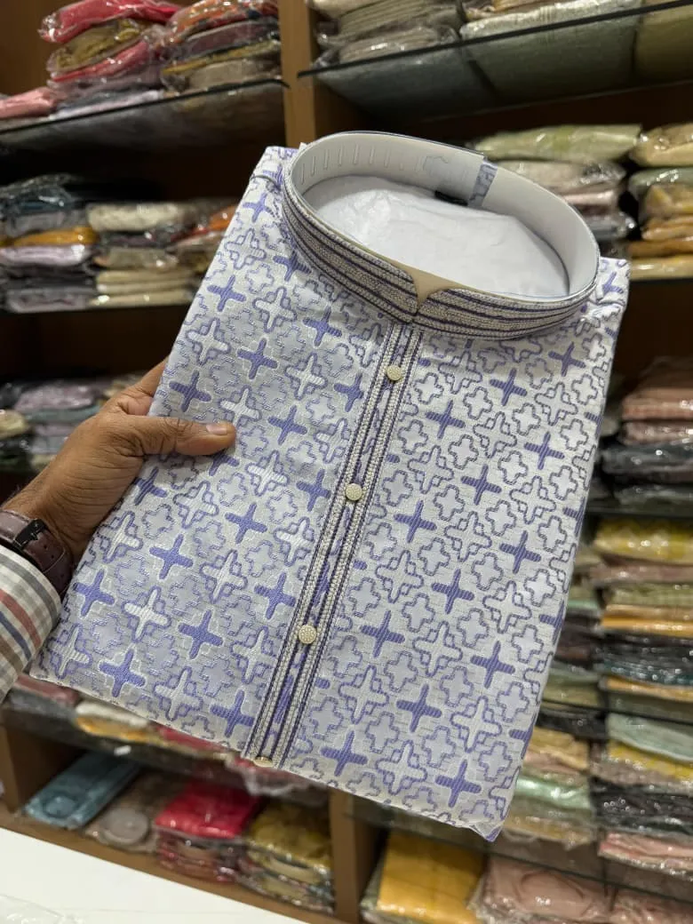 Lavender Heavy Jacquard Work Wedding Wear Men's Kurta Pyjama - Image 2