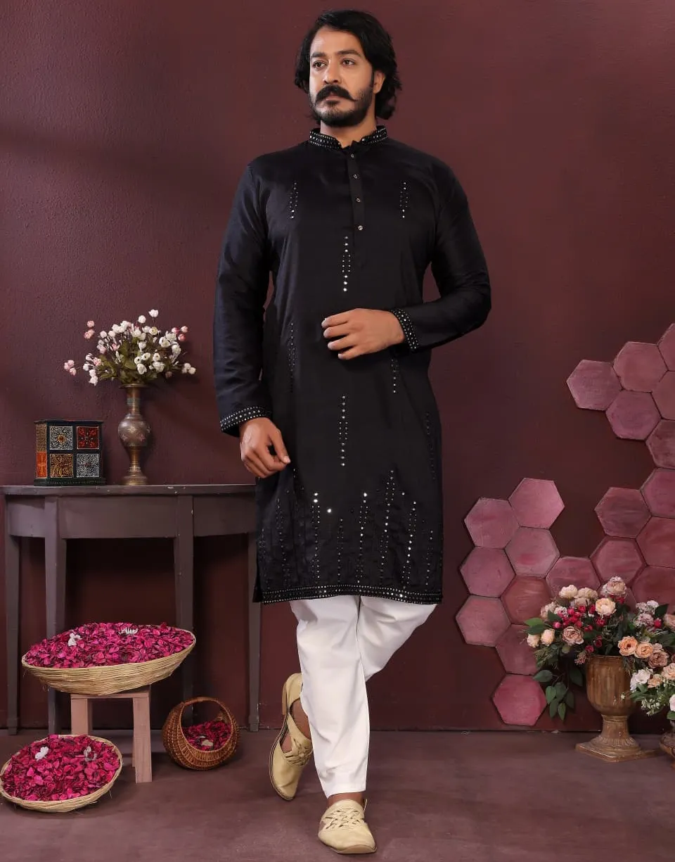 Black Premium Smart Silk Mirror Work Men's Kurta Pajama