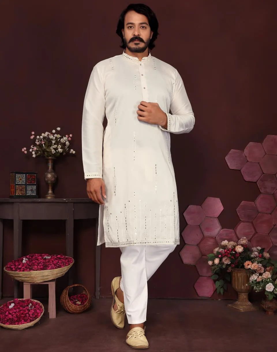 Off White Premium Smart Silk Mirror Work Men's Kurta Pajama