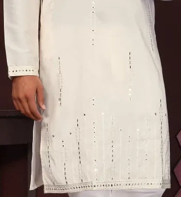 Off White Premium Smart Silk Mirror Work Men's Kurta Pajama - Image 2