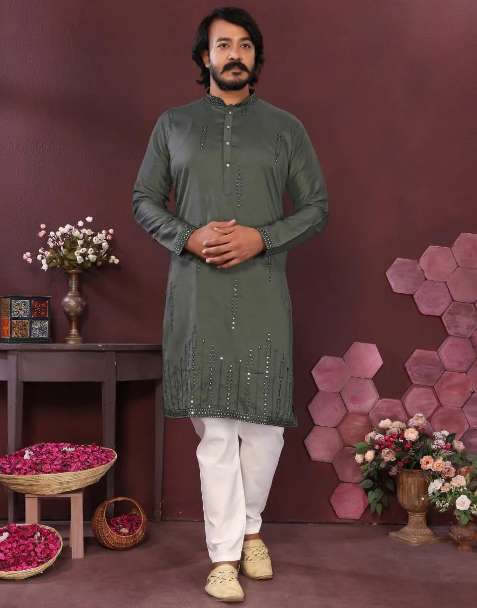 Olive Premium Smart Silk Mirror Work Men's Kurta Pajama