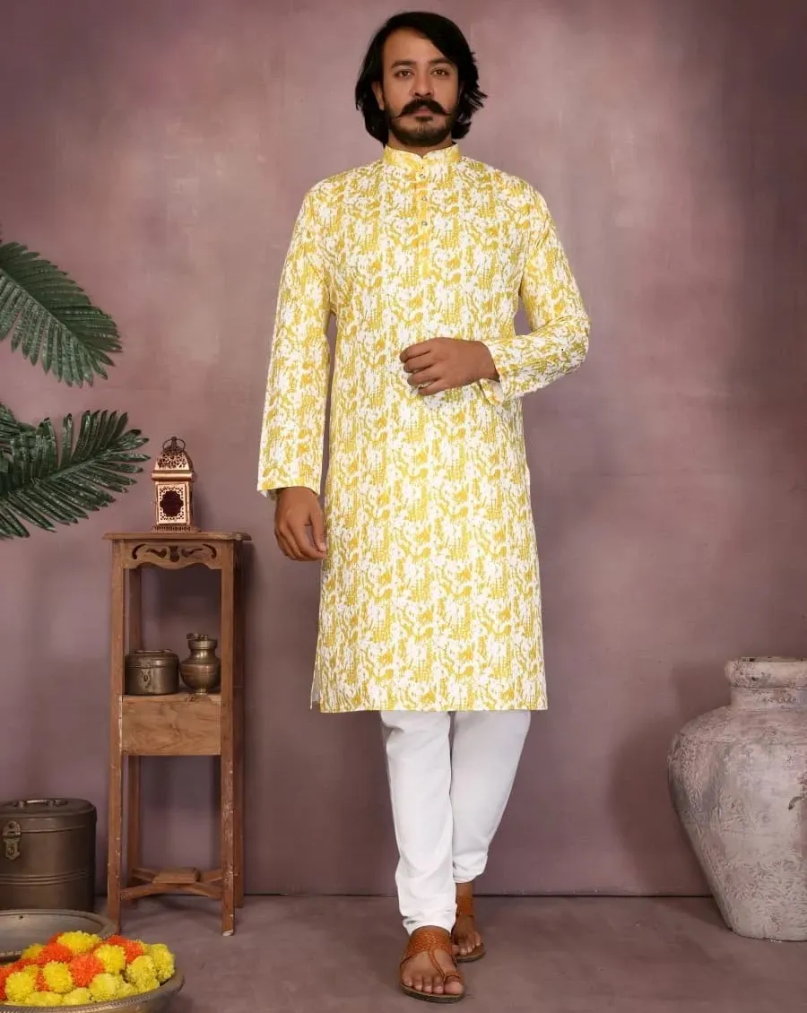 Yellow Heavy Cotton Sequence And Printed Men's Kurta Pajama