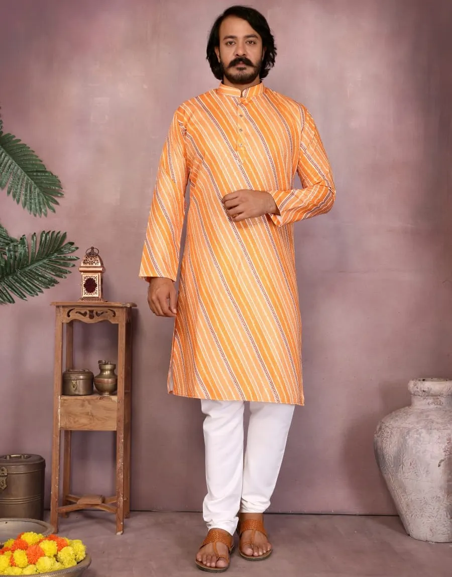 Mustard Heavy Cotton Sequence And Printed Men's Kurta Pajama