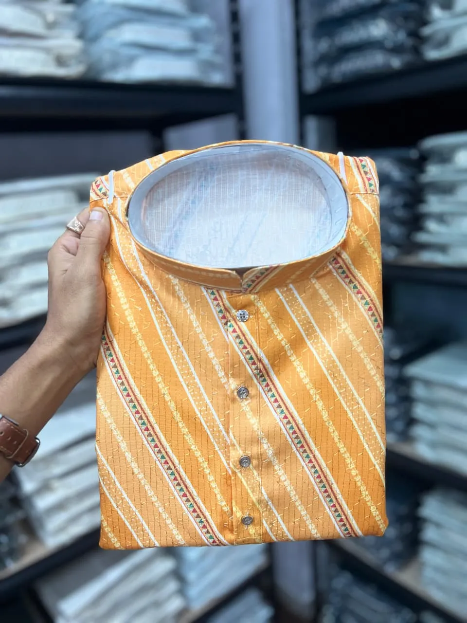 Mustard Heavy Cotton Sequence And Printed Men's Kurta Pajama - Image 2