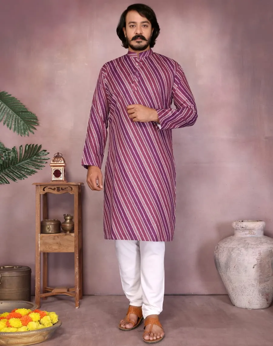 Purple Heavy Cotton Sequence And Printed Men's Kurta Pajama