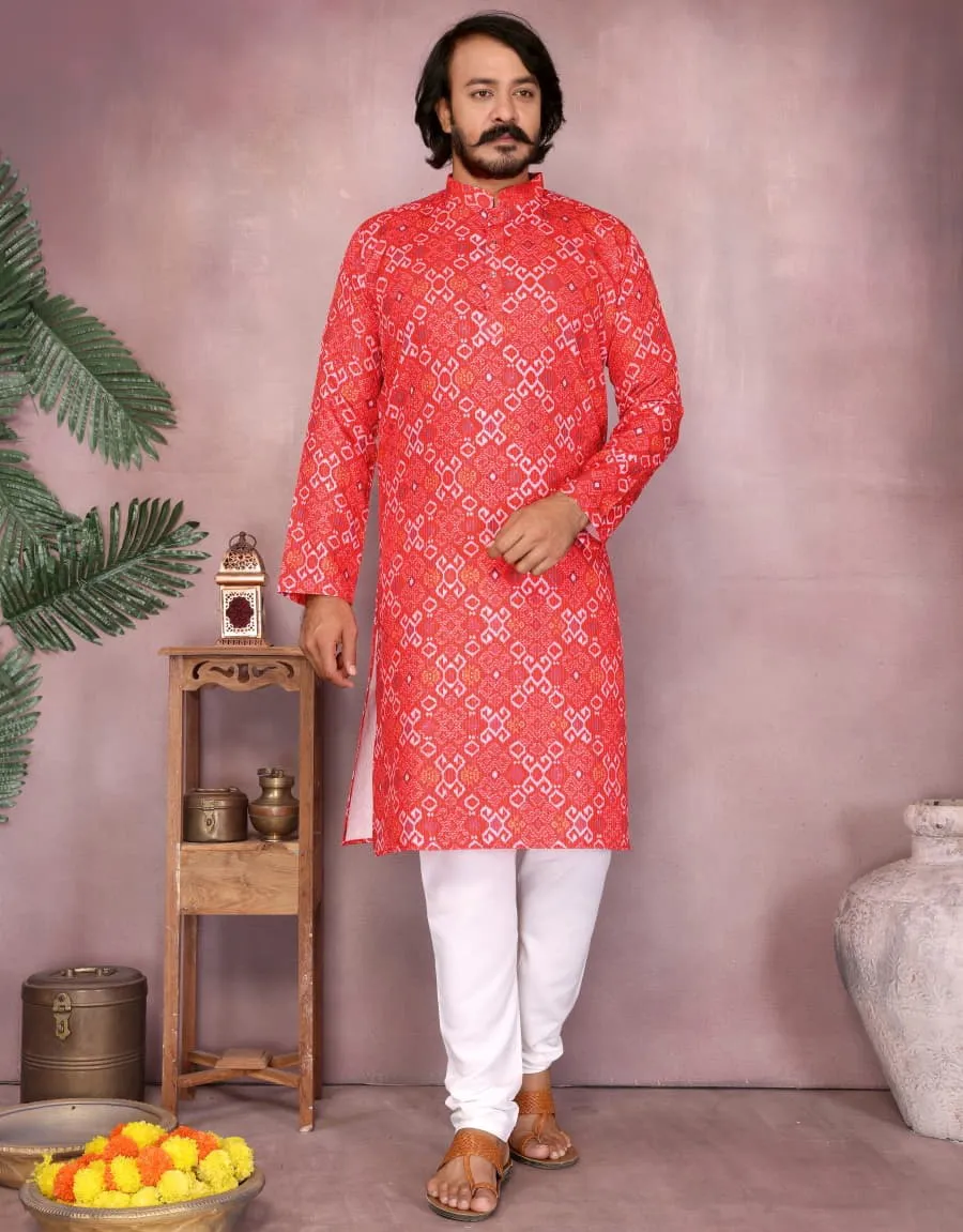 Red Heavy Cotton Sequence And Printed Men's Kurta Pajama