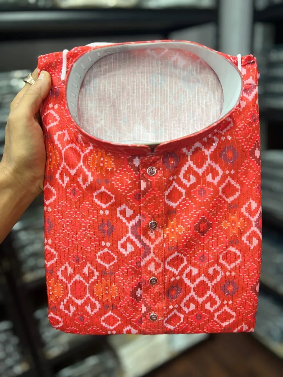 Red Heavy Cotton Sequence And Printed Men's Kurta Pajama - Image 2