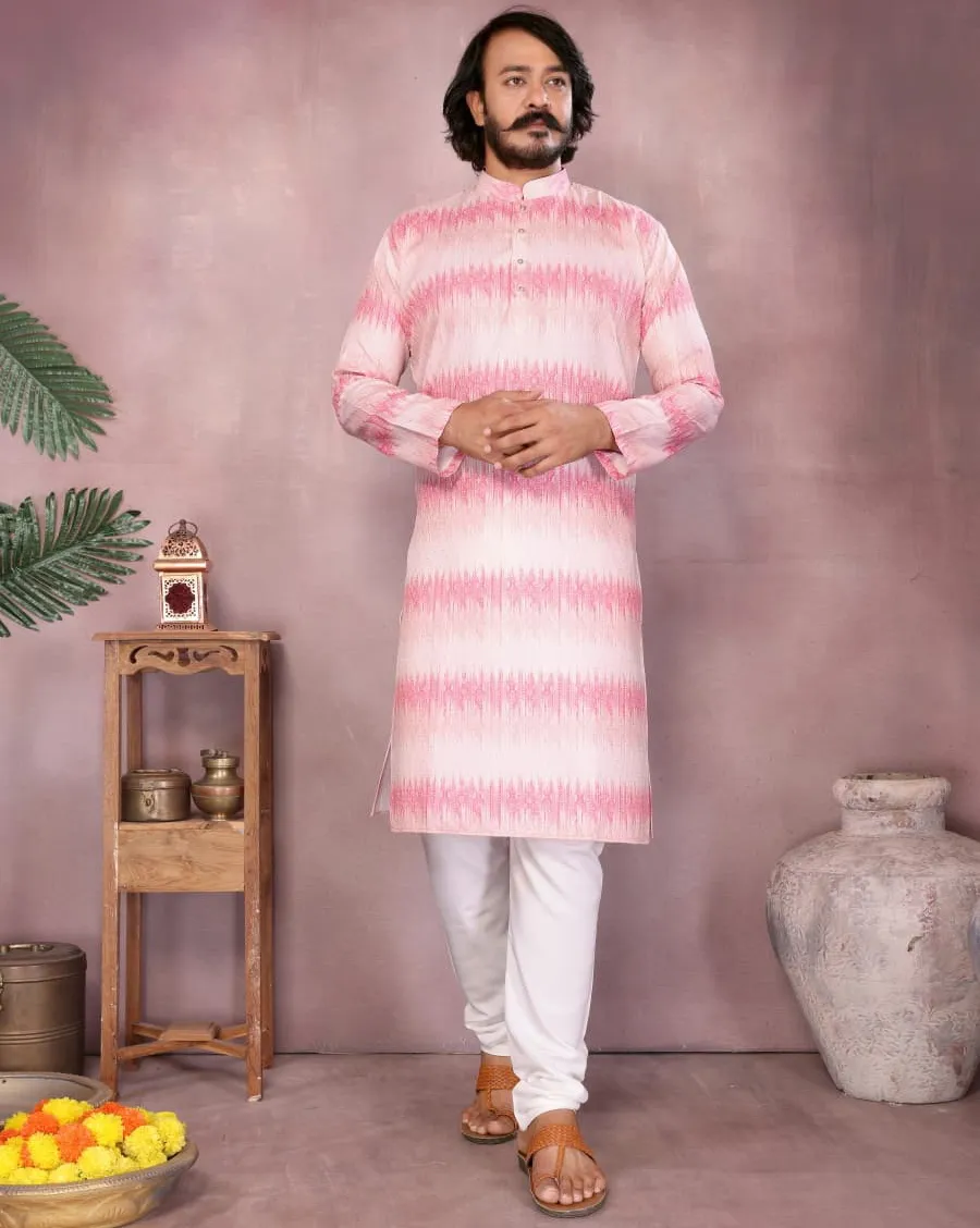 Pink Heavy Cotton Sequence And Printed Men's Kurta Pajama