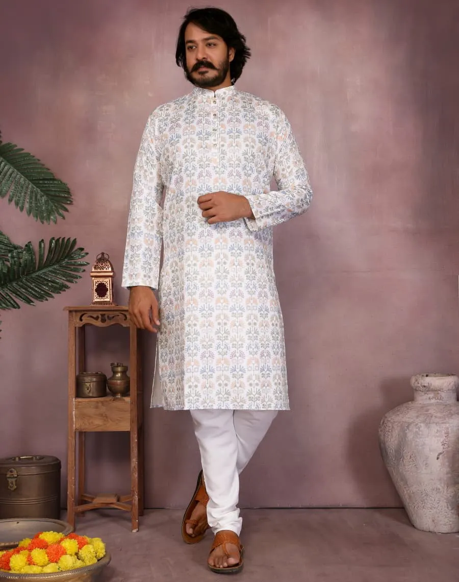 White Heavy Cotton Sequence And Printed Men's Kurta Pajama